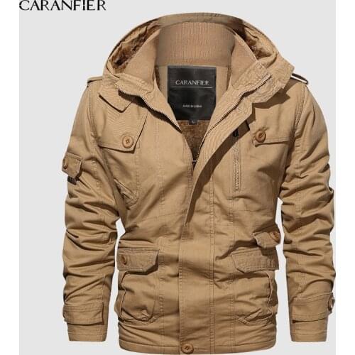 CARANFIER Brand Men Hooded Jacket velvet Winter Cotton Bomber Coat Collar Male Casual Air Force Flight Jacket Windbreaker 6XL