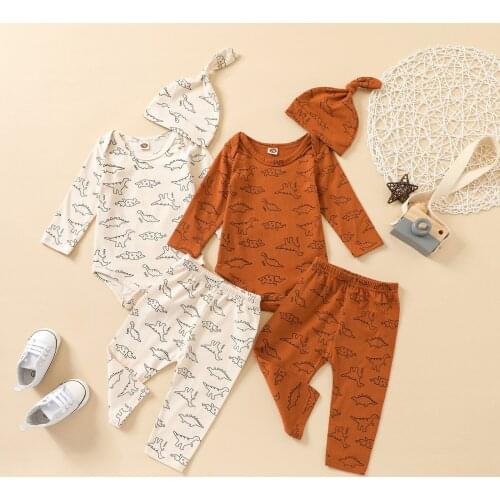 Kids Baby Boy Girl Dinosaur Printed Long Sleeve Romper Top Trousers Hats Autumn Cotton Outfit Clothes Set