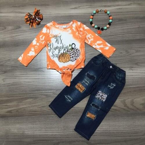Girlymax Tie Dye Leopard Pumpkin Season Long Sleeve Baby Girls Knot Top Denim Jeans Pants Set Kids Clothing Match Accessories