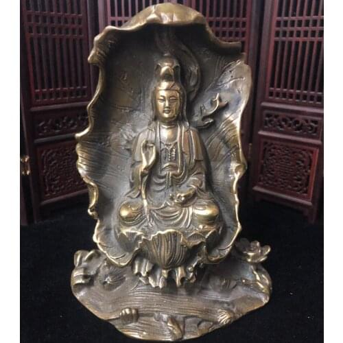 China brass archaize Lotus leaf Guanyin bodhisattva crafts statue