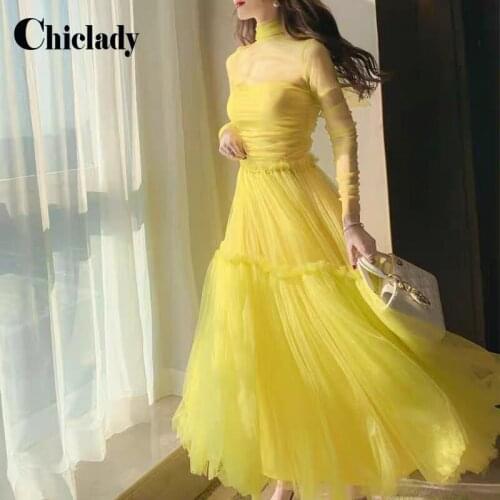 CHICLADY spring summer two pieces set women yellow mesh stand collar tops young lady sweet cute midi skirts ruched A-line sets