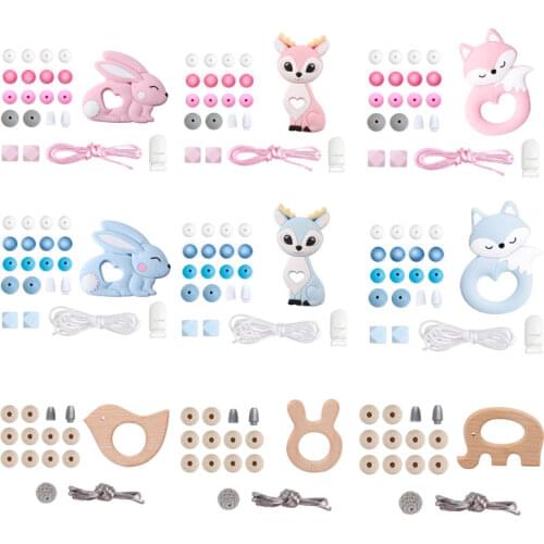 Bite Bites 1Set Silicone Bead 12mm Wooden Rodent Fox Rabbit Elk DIY Accessories Nursing Necklace Pacifier Chain Baby Teether Toy