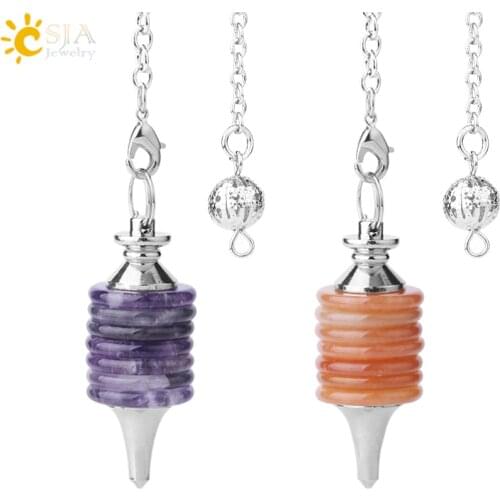 CSJA Natural Stones Pendulum for Dowsing Divination Round Slab Healing Purple Crystal Tiger Eye Cylindrical Amulet Pendants F907