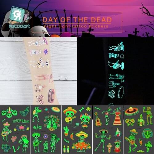 Mexico Day of The dead Luminous Tattoo Sticker ghost Skull Parade Party Fake Tatoo Shine in the dark Waterproof Temporary Tattoo