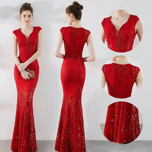 Fashion Ladies Deep V Neck Robe De Soiree Women Sequined embroidery Evening Long Dress Sexy Sleeveless Mesh Slim Mermaid Dress