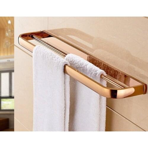 Wall Mounted Polished Rose Gold color Brass Bathroom Double Towel Bar Towel Rail Holder Bathroom Accessory mba866