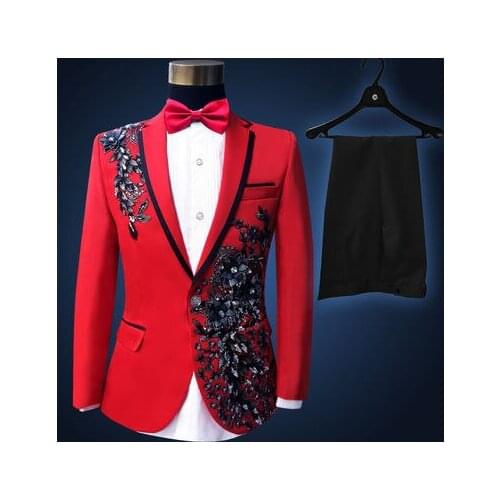2017 Latest Coat Pant Designs Red Floral Lace Applique Men Suits Costume Stage Tuxedo Slim Fit Custom 2 Piece Prom jacket Pants