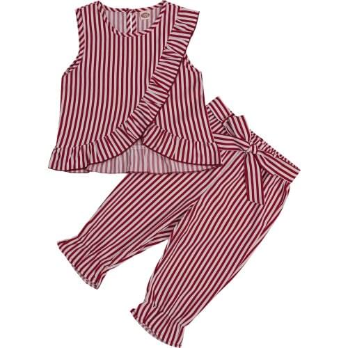 New 2 Pieces Kids Suit Set, Girls Striped Round Collar Sleeveless Tops+ Pantalettes for Summer Fall, Red