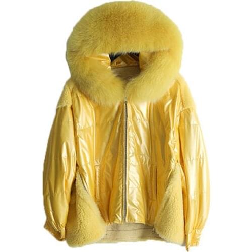 2019 New Womens Faux Fur Coat Hooded Womens Wool Coat Shearling Jacket Fox Fur Collar Coat Short Winter Down Jacket