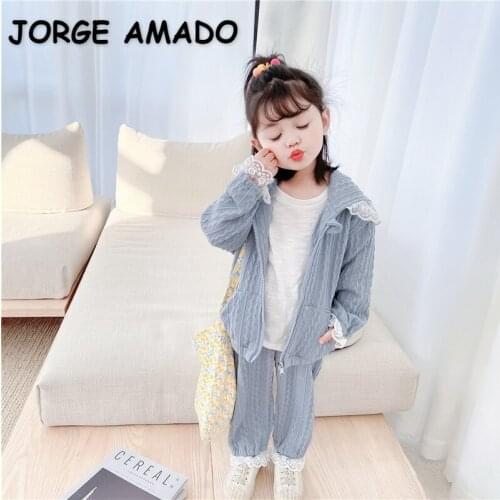 2021 New Spring Baby Pajamas Sets Pink Blue Lace Hooded Home Suits Sleep Swear Kids Clothes E8052