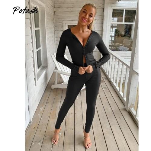 Pofash Black Casual Solid Two Pieces Outfits Women Clothing Long Sleeves Top And Pencil Pants Zipper Streetwear 2 Piece Set 2021