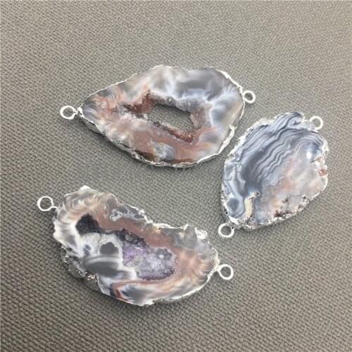 Nature Agates Geode Druzy Slice Silver Plated Conector,Natural Agates Druzy Geode Slice Pendant For Jewelry Making MY0015