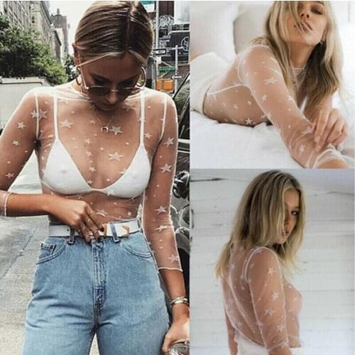 Sexy Womens See Through Star Print Mesh Net Lace Shirt Long Sleeve Tops Transparent T-Shirt