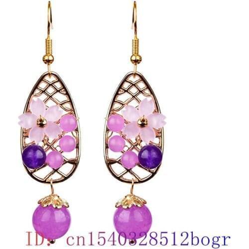 Purple Jade Flower Earrings Zircon 925 Silver Chalcedony Charm Jewelry Gifts Fashion Amulet Natural Gemstone Crystal Women
