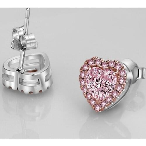 Inspired design new diamond heart-shaped pink crystal hypoallergenic earrings sweet and romantic ladies silver jewelry