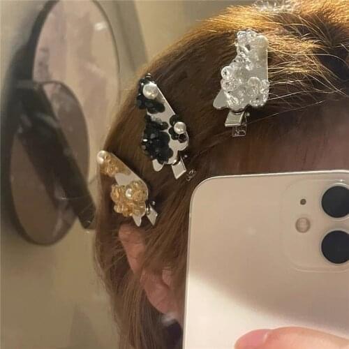 Vintage Punk Black Crystal Imitation Pearl Flower Metal Hair Clip for Women Girls Headdress Accessories Hairpin Hair Pins Gifts