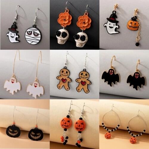Docona Gothic Pumpkin Bat Ghost Skull Drop Dangle Earrings for Women Big Round Beaded Flower Girls Halloween Party Jewelry Gift