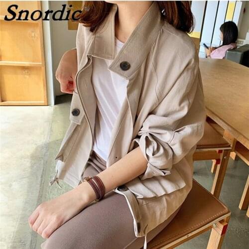 2021 Women Autumn Cotton Khaki Short Jacket Coat Work Clothes Single Breasted Stand Collar Loose Outerwear