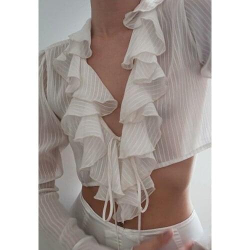 Womens Sexy See Through Ruffle Blouse 2021 Summer Casual Streetwear V Neck Flare Sleeve Shirt Ladies Streetwear Crop Top