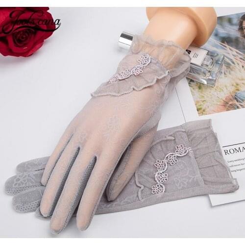 Joolscana women gloves summer lace colored gloves white widding driving women camouflage black gloves with flower new brand 2018