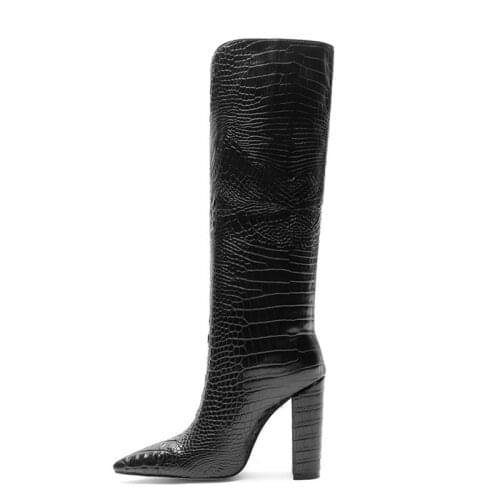 2021 Knee High Boots Round Toe Pointed Boots Square Heels Women Boots Alligator Boots Женские сапоги