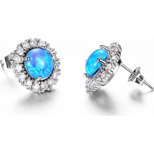 Boho Female Purple Blue Fire Opal Earrings Small Round Stud Earrings Silver Color Wedding Earrings For Women