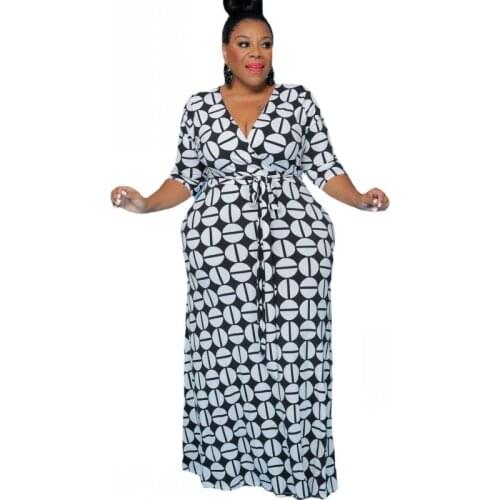 5XL Plus Size Women Long Dress Gown V Neck Full Sleeve Lace Up Robe 2021 New Fashion Print Large Size Casual Maxi Dress Vestidos