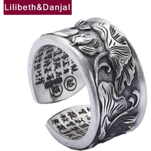 Frosted Style Adjustable Ring Pure S999 Sterling Silver Lotus Heart Sutra Fashion Fine Jewelry Women Men Ring 2021 Designer R57