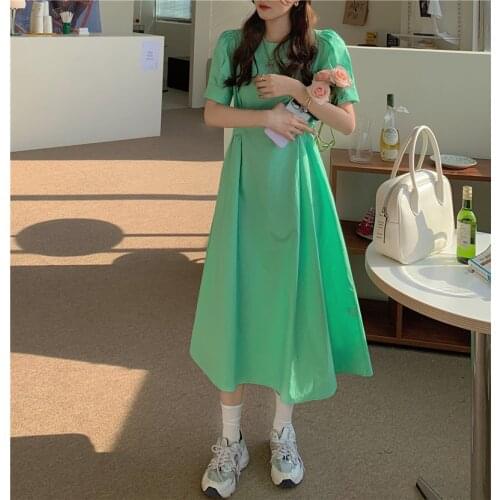 Willon Green Dress Square Neck Short-sleeved Dress Female Summer New Korean Style High Waist Thin A-line Mid-length Dress