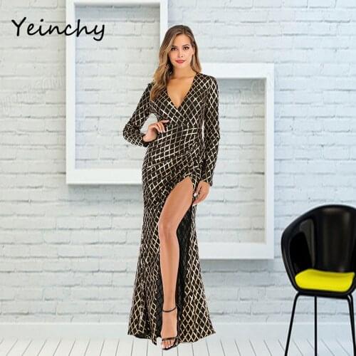 Yeinchy women sexy v neck long sleeve sequin dress maxi floor length party split dress FM6029