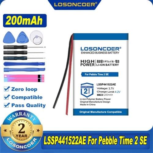 100% Original LOSONCOER 200mAh LSSP441522AE Battery For Pebble Time 2 SE Smart Watch Accumulator 2-wire