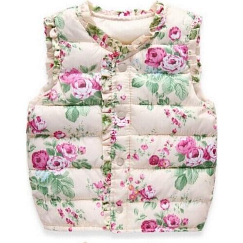 2016 Autumn Spring Fashion Childrens Jackets Sweet Floral Down Cotton Warm Girls Vest Kids Waistcoat Baby Girl Clothes
