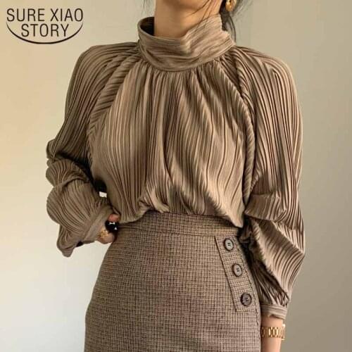 2021 Spring Fashion Blouse Loose Lantern Sleeve Shirt Women Autumn Chic Solid Color Turtleneck Pleated Tops Lady Blusas 12639