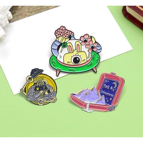 Cartoon Alien UFO Robot Red Suitcase Brooches Greetings rabbit alien Mountains Rivers trunk Enamel Pins Badge Jewelry Spille
