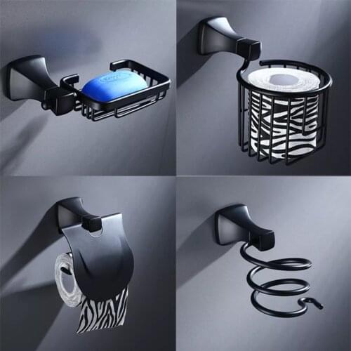 Black Aluminium Mount Bathroom Toilet Paper Basket Towel Holder Hairdryer Shelf Soap Dish Hardware