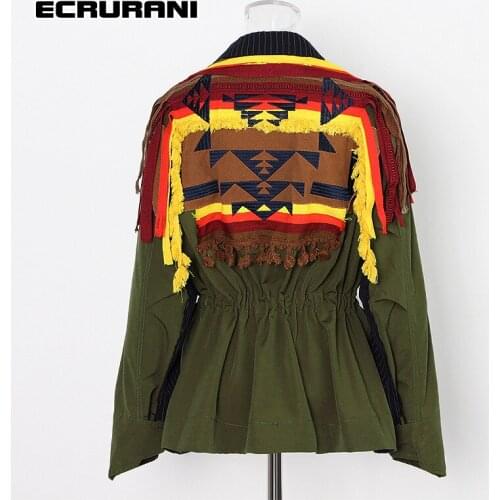 ECRURANI Patchwork Hit Color Coats For Women Lapel Long Sleeve Double Breasted Loose Tassel Jackets Female Fashion 2021 Clothing