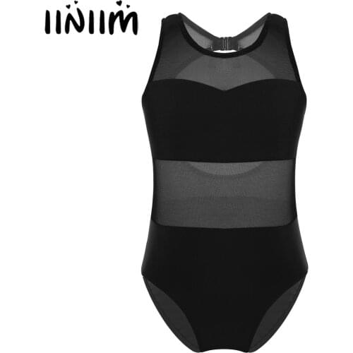 Iiniim Teen Ballerina Performance Bodysuit Mesh Splice Cutout Back Ballet Dance Gymnastics Leotard Kids Girls Jumpsuit Dancewear