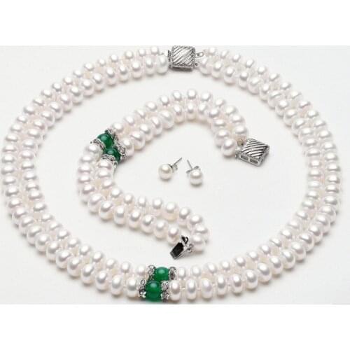 2 ROWS 7-8mm Size Freshwater Pearl Jewelry Set for Charm Bride Lady Womens Jewellery