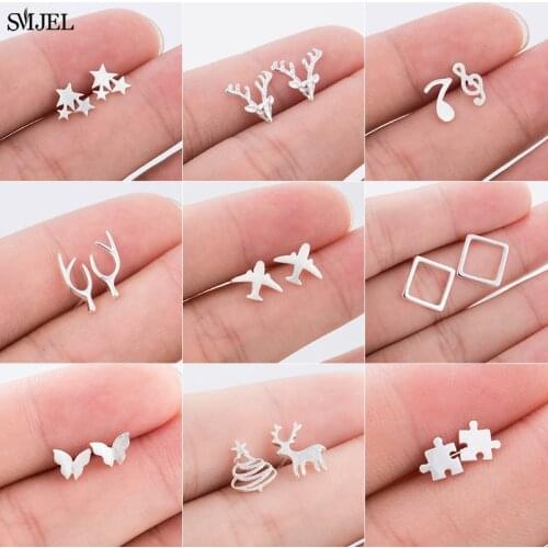 Fashion Simple Stud Earrings Geometric Airplane Antler Deer Ghost Puzzle Earrings for Women Girls Kids Jewelry Pendientes Gifts