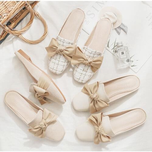 Ladies Mules Summer Bow-knot Women Slippers Solid Slip-on Flat Ladies Office Shoes Summer Slippers Female