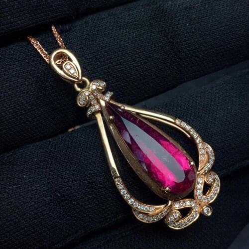 Tourmaline Pendant Fine Jewelry Real 18 K Gold 100% Natural Rubi Tourmaline 3.75ct Gemstones Diamond Pendant Necklace