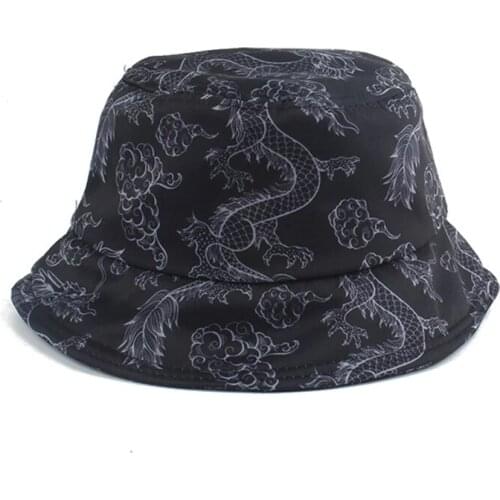 New Fashion Harajuku Punk Black Fisherman Hat Panama Bob Casquette Dragon Print Bucket Hats For Women Men Hip Hop Cap Gorro