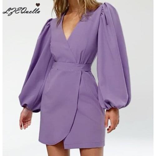 LZEQuella Women Spring Sexy V Neck Party Day Mini Dress Office Lady Lantern Sleeve High Waist Dresses Clothes Female NZ2738