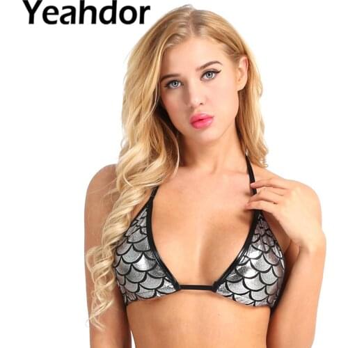 Swim Bras for Women Shiny Metallic Mermaid Lingerie Tops Fish Scale Printed Halter Neck and Back Tie Up Bikini Bralette Crop Top