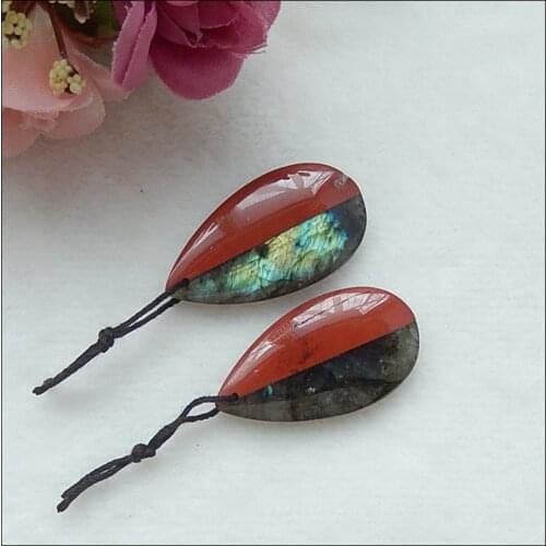 Natural Gemstone Labradorite with Red River jasper intarsia fashion Woman Earrings Bead33x18x6mm,10.1g