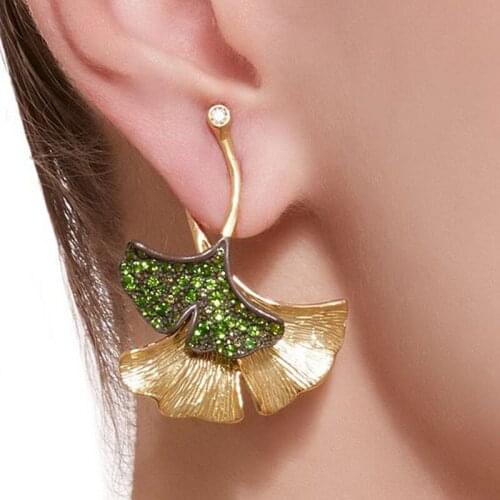 2021 Boho Gold Color Earrings Green Crystal Zircon Ginkgo Biloba Double Leaves Drop Earrings for Women Fashion Fine Jewelry Hot