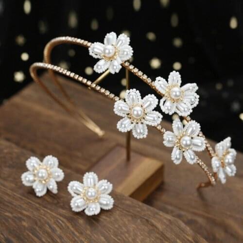 Bride Wedding Hair Accessories Gorgeous Flower Headbands Pearl Headpiece Hair Ornament For Women Girls With Earrings