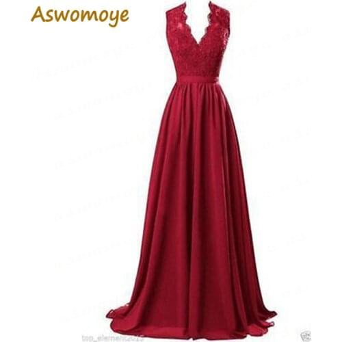Aswomoye A Line Evening Dresses 2020 V-Neck Appliques Lace Royal Blue Red Black Chiffon Party Prom Gowns Custom Made