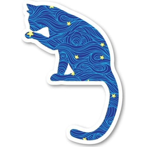Volkrays Cute Cat Sitting Sticker Blue Spirals and Stars Waterproof Car Stickers Vinyl Decal for Auto Phone Laptop PVC,15cm*15cm
