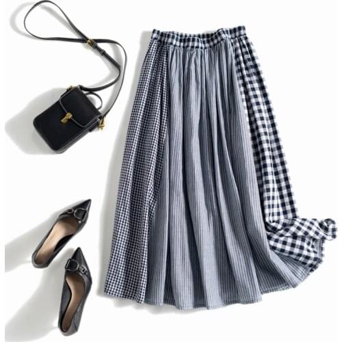 Summer Women Loose Mori Girl Japan Style Striped Plaid Patchwork Comfortable Breathable Cotton All-match Elastic Waist Skirts